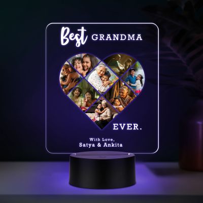 Personalized Best Grandma Ever LED Night Light, Heart Photo Collage Frame with Multicolored Light Memorable Gift for Dadi Maa